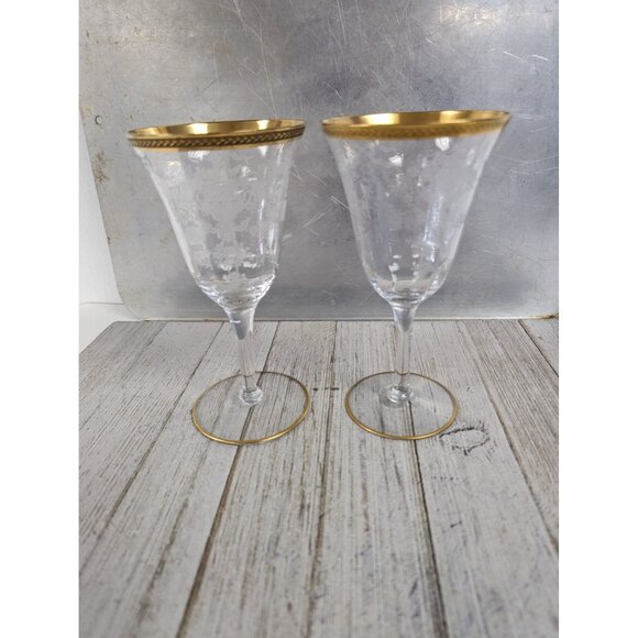 Vintage Tiffin Franciscan Etched Wine Glasses Set Of 2 Bouquet Gold Trim Goblet - Picture 1 of 7